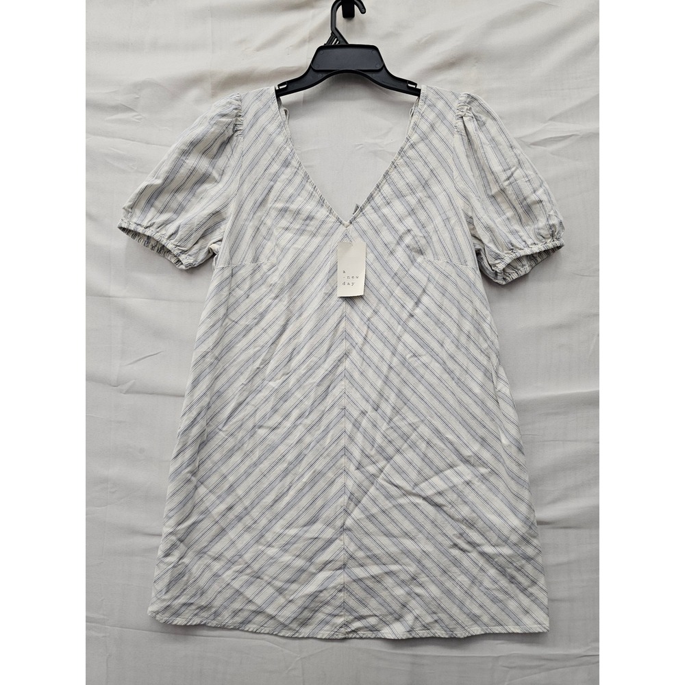 A New Day Womens Striped Puff Sleeve Dress Blue Cotton Blend Casual Size Large